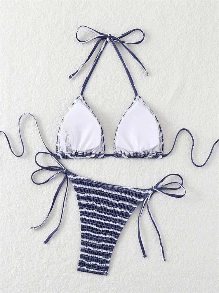 Navy Pleate Micro Bikini Halter Push Up Bra Tie Side Thong Swimsuit Beach Bathing Suit Biquini