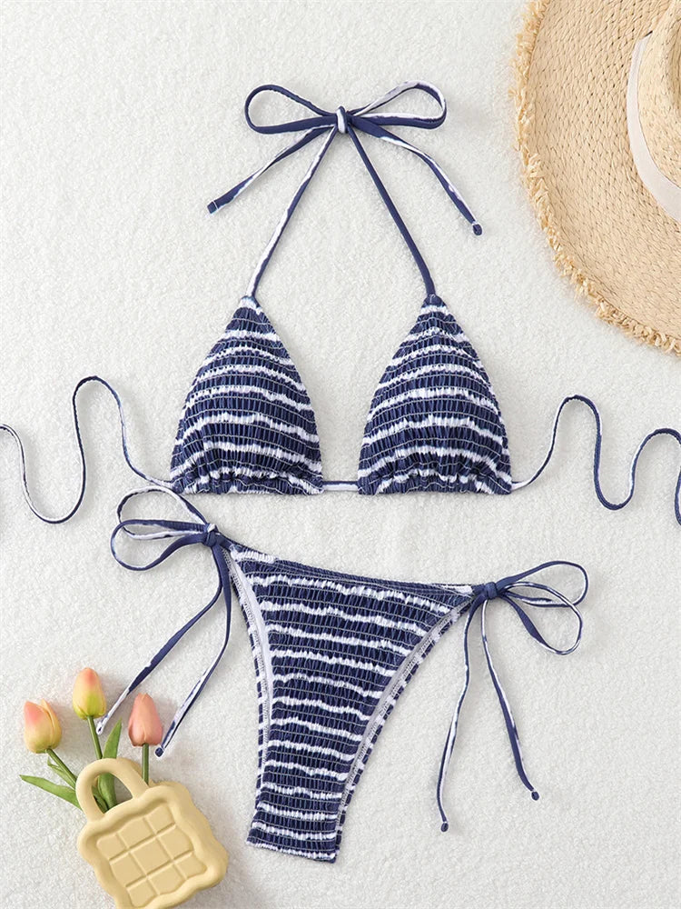Navy Pleate Micro Bikini Halter Push Up Bra Tie Side Thong Swimsuit Beach Bathing Suit Biquini