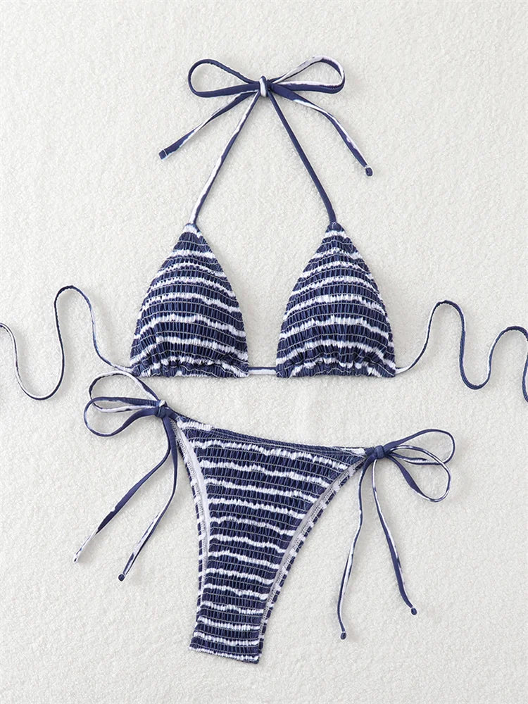 Navy Pleate Micro Bikini Halter Push Up Bra Tie Side Thong Swimsuit Beach Bathing Suit Biquini