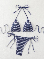 Navy Pleate Micro Bikini Halter Push Up Bra Tie Side Thong Swimsuit Beach Bathing Suit Biquini