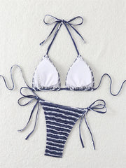 Navy Pleate Micro Bikini Halter Push Up Bra Tie Side Thong Swimsuit Beach Bathing Suit Biquini