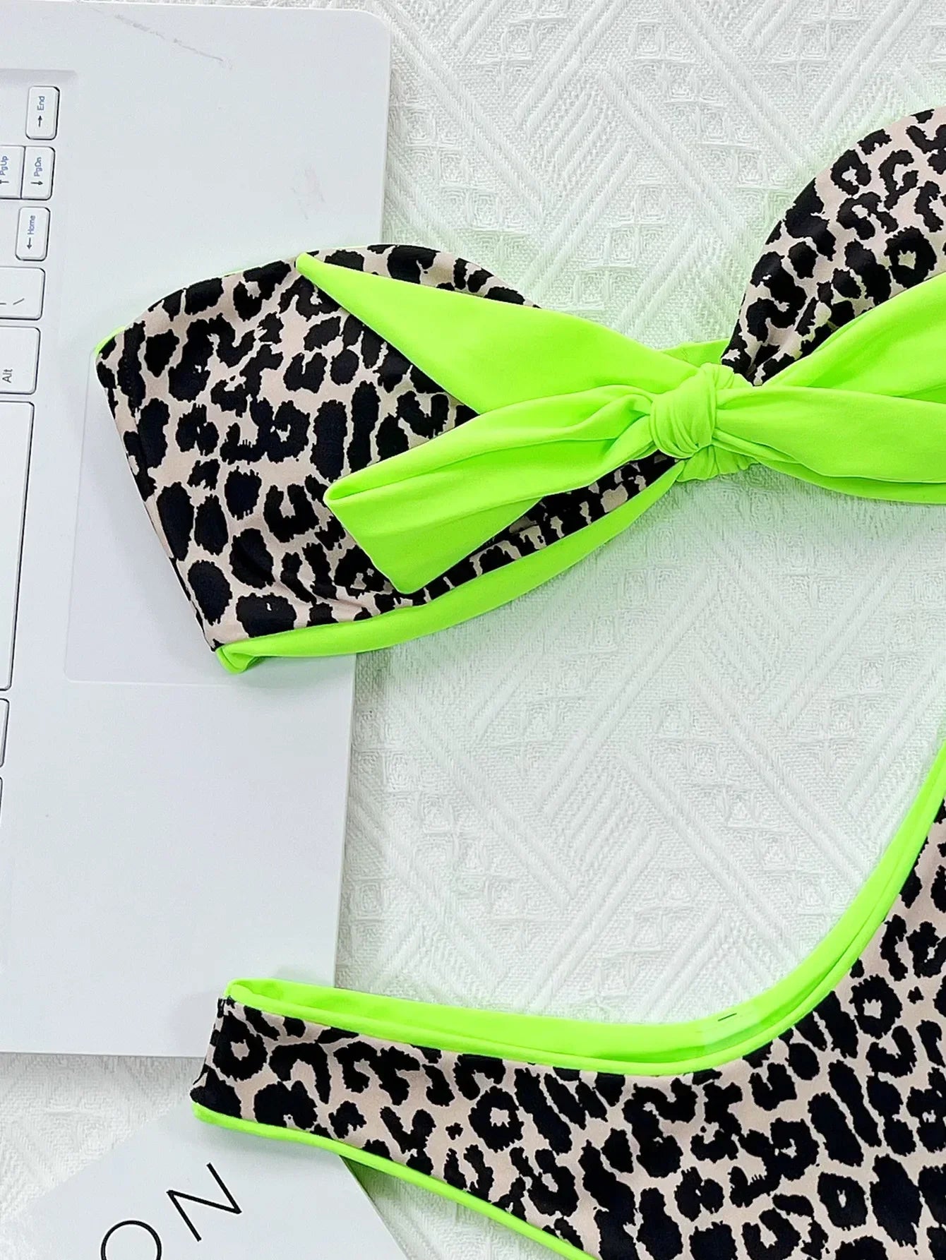 Neon Green Leopard Print Contrast Bikini Front Tie Bandeau Push Up Bra 2 Piece Swimsuit Bathing Suit Bikini Set