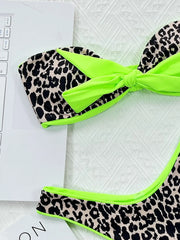 Neon Green Leopard Print Contrast Bikini Front Tie Bandeau Push Up Bra 2 Piece Swimsuit Bathing Suit Bikini Set