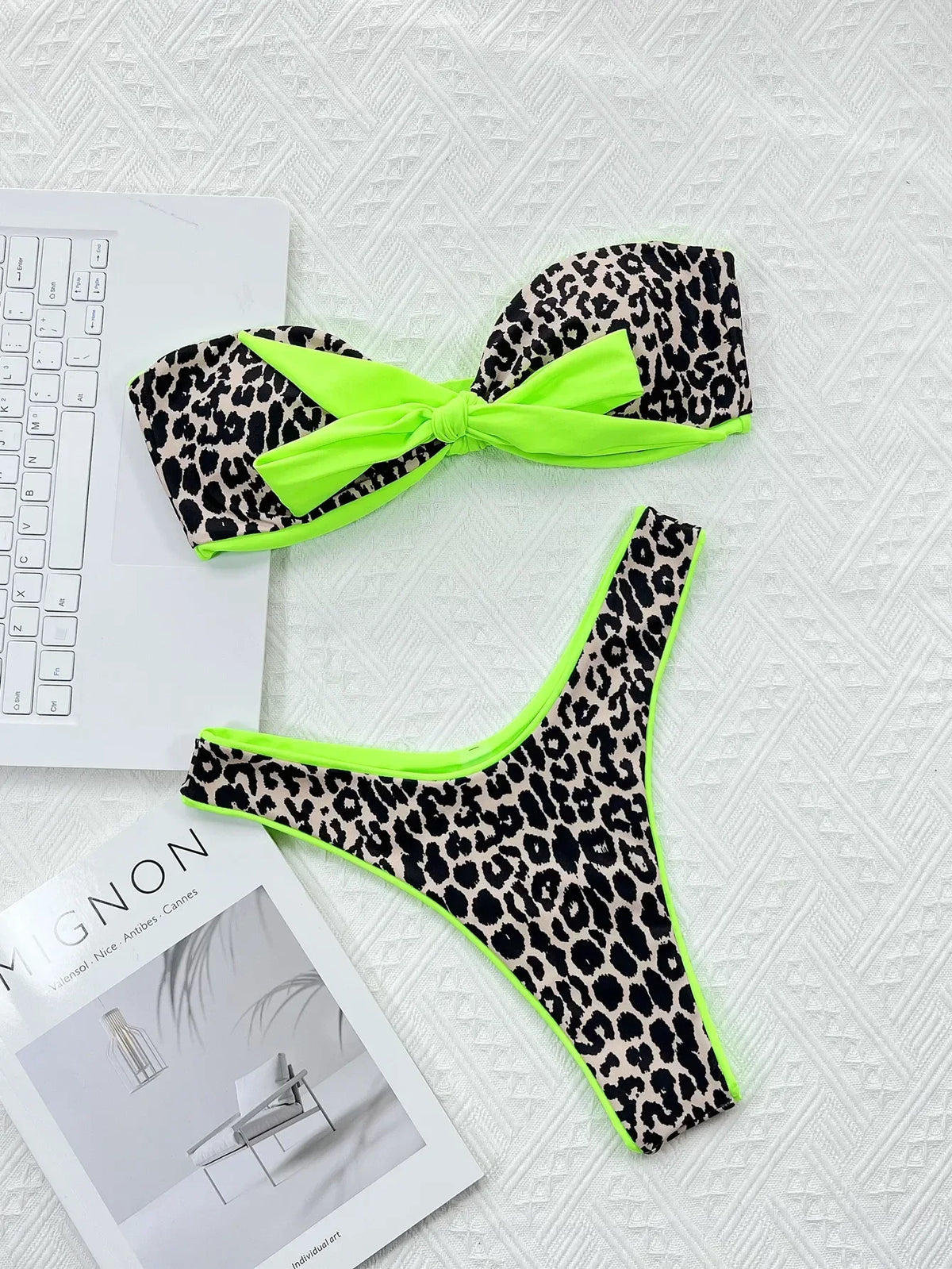 Neon Green Leopard Print Contrast Bikini Front Tie Bandeau Push Up Bra 2 Piece Swimsuit Bathing Suit Bikini Set