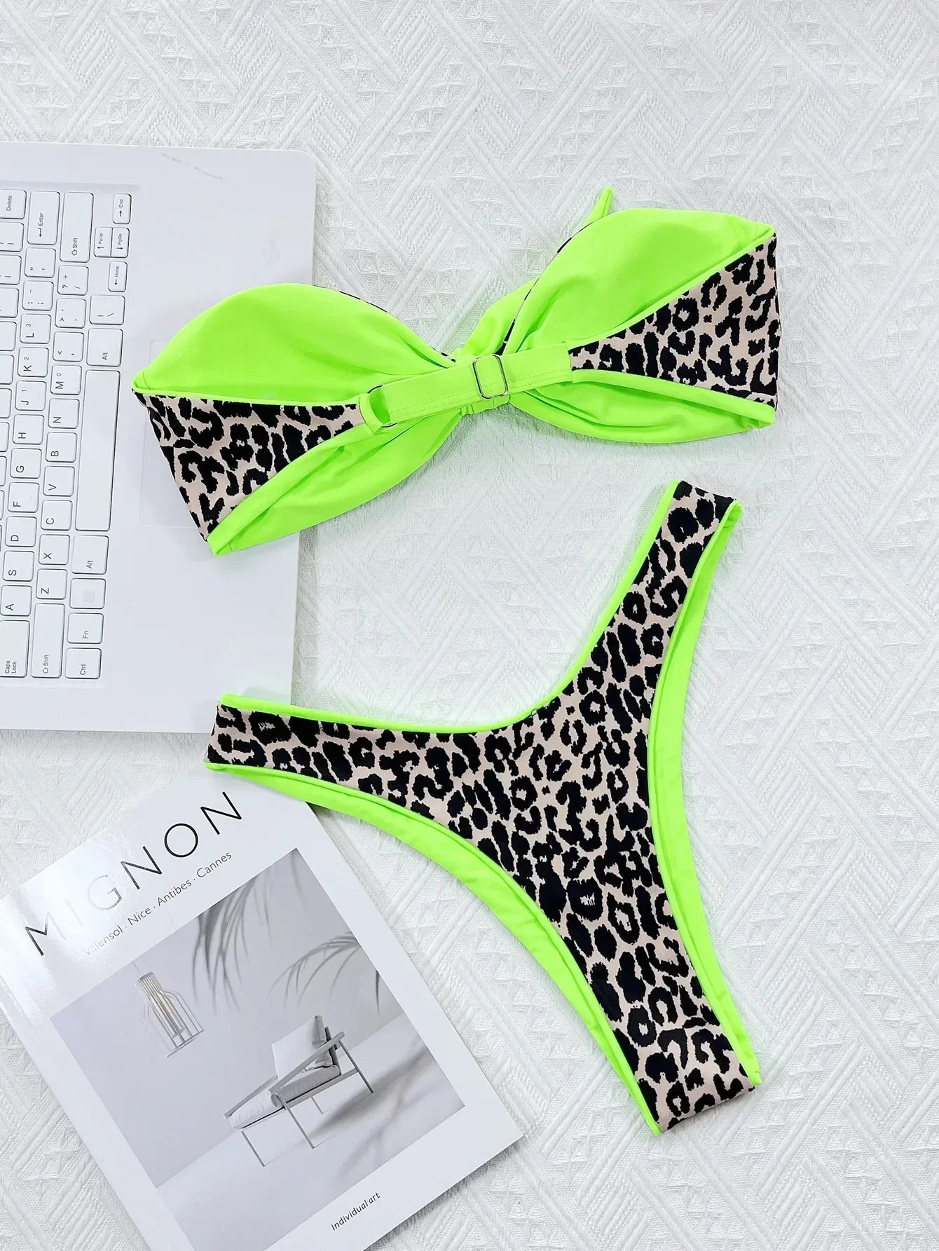 Neon Green Leopard Print Contrast Bikini Front Tie Bandeau Push Up Bra 2 Piece Swimsuit Bathing Suit Bikini Set