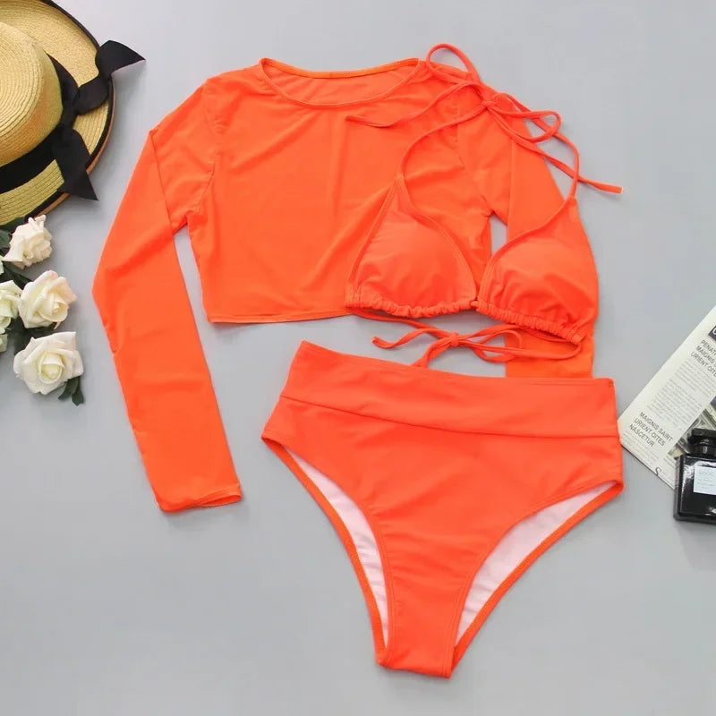 Neon orange Bikini Long Sleeve Mesh Cover Up 3 Piece Swimsuit High Cut Push Up Bathing Suit high waist Swimwear