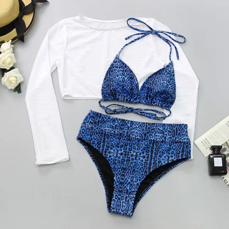 Neon orange Bikini Long Sleeve Mesh Cover Up 3 Piece Swimsuit High Cut Push Up Bathing Suit high waist Swimwear