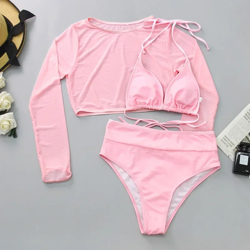 Neon orange Bikini Long Sleeve Mesh Cover Up 3 Piece Swimsuit High Cut Push Up Bathing Suit high waist Swimwear