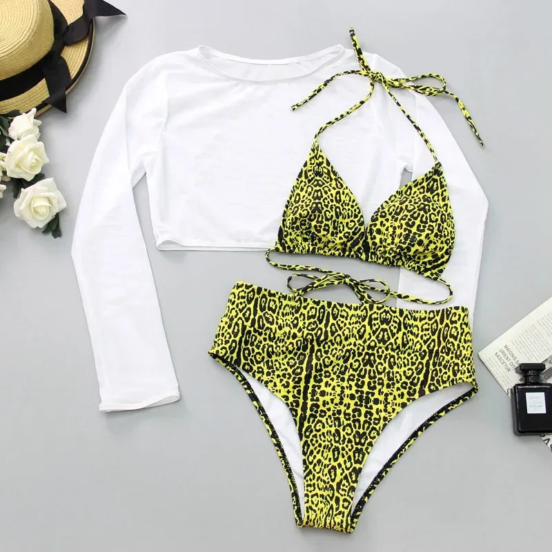 Neon orange Bikini Long Sleeve Mesh Cover Up 3 Piece Swimsuit High Cut Push Up Bathing Suit high waist Swimwear
