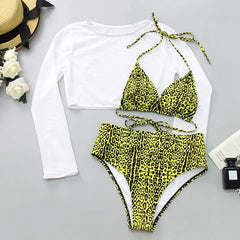 Neon orange Bikini Long Sleeve Mesh Cover Up 3 Piece Swimsuit High Cut Push Up Bathing Suit high waist Swimwear