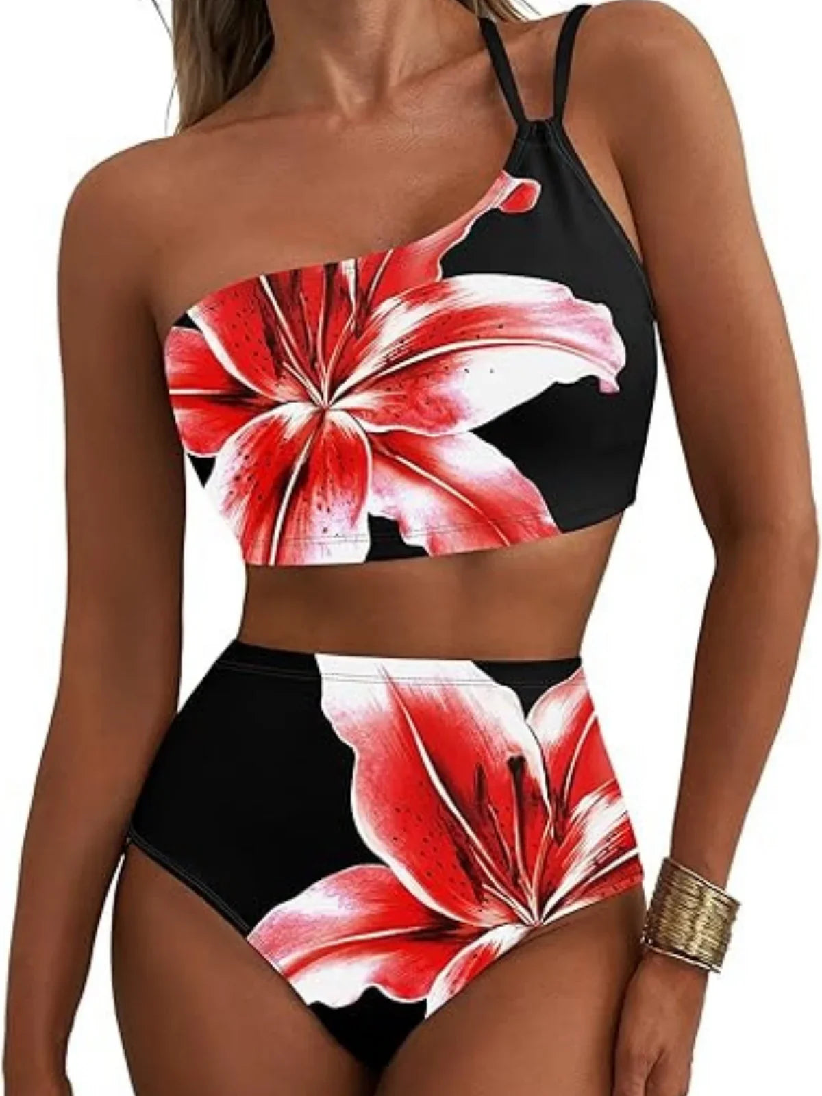 One Shoulder Swimwear Black White Patchwork Push Up Bra High Waist Swimsuit Beach Bathing Suit Holiday Bikini