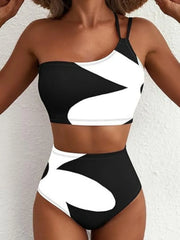 One Shoulder Swimwear Black White Patchwork Push Up Bra High Waist Swimsuit Beach Bathing Suit Holiday Bikini