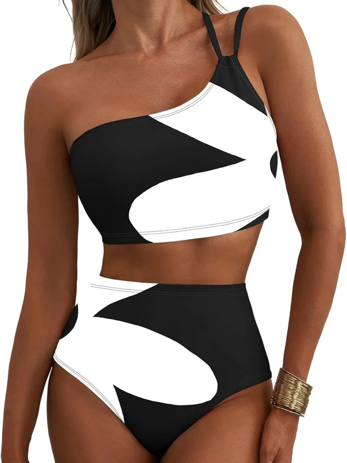 One Shoulder Swimwear Black White Patchwork Push Up Bra High Waist Swimsuit Beach Bathing Suit Holiday Bikini