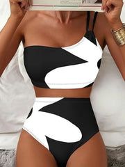 One Shoulder Swimwear Black White Patchwork Push Up Bra High Waist Swimsuit Beach Bathing Suit Holiday Bikini