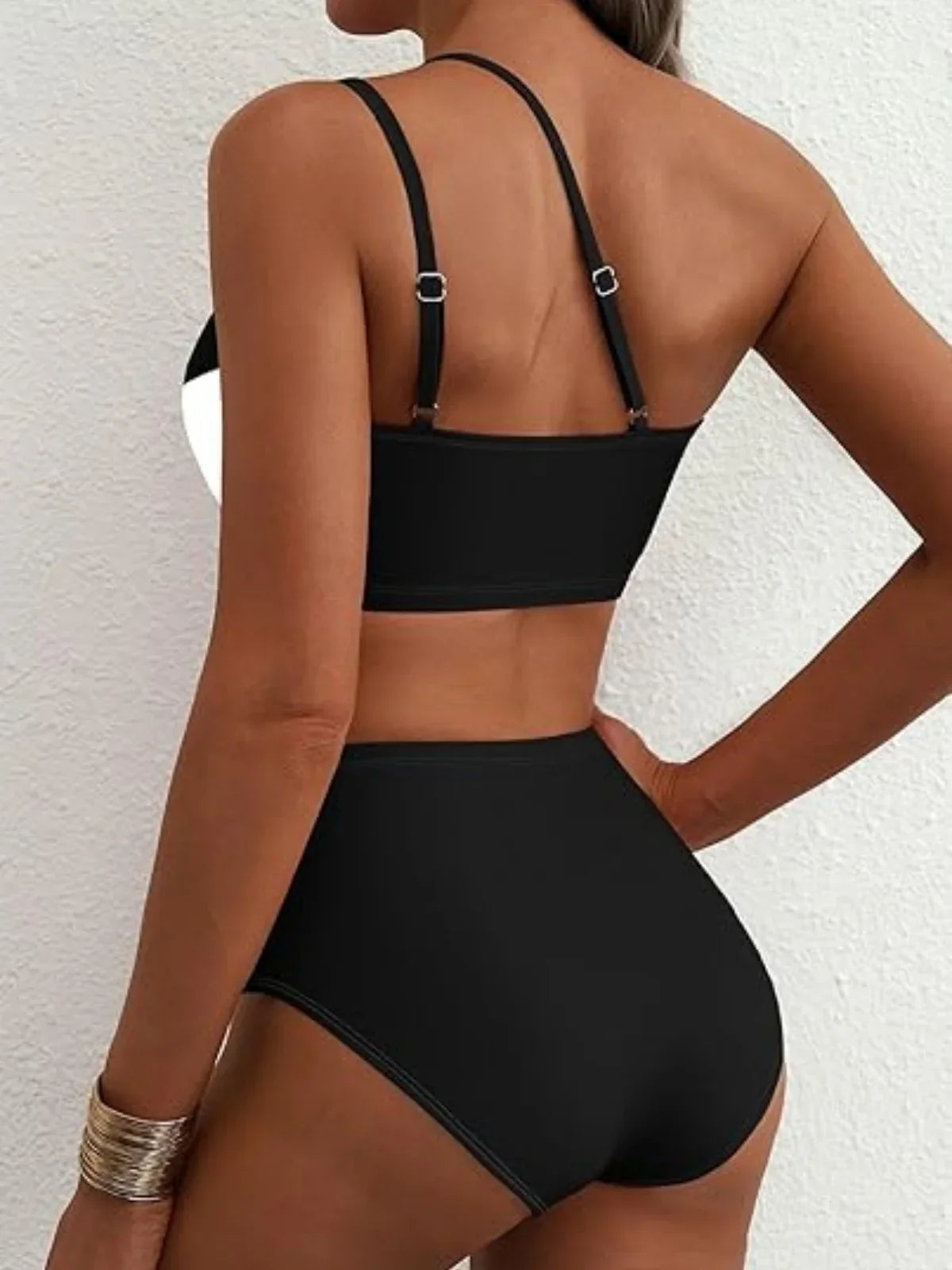 One Shoulder Swimwear Black White Patchwork Push Up Bra High Waist Swimsuit Beach Bathing Suit Holiday Bikini