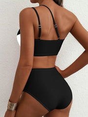 One Shoulder Swimwear Black White Patchwork Push Up Bra High Waist Swimsuit Beach Bathing Suit Holiday Bikini
