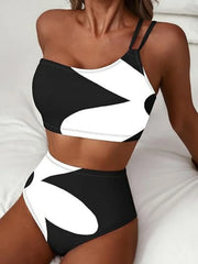 One Shoulder Swimwear Black White Patchwork Push Up Bra High Waist Swimsuit Beach Bathing Suit Holiday Bikini