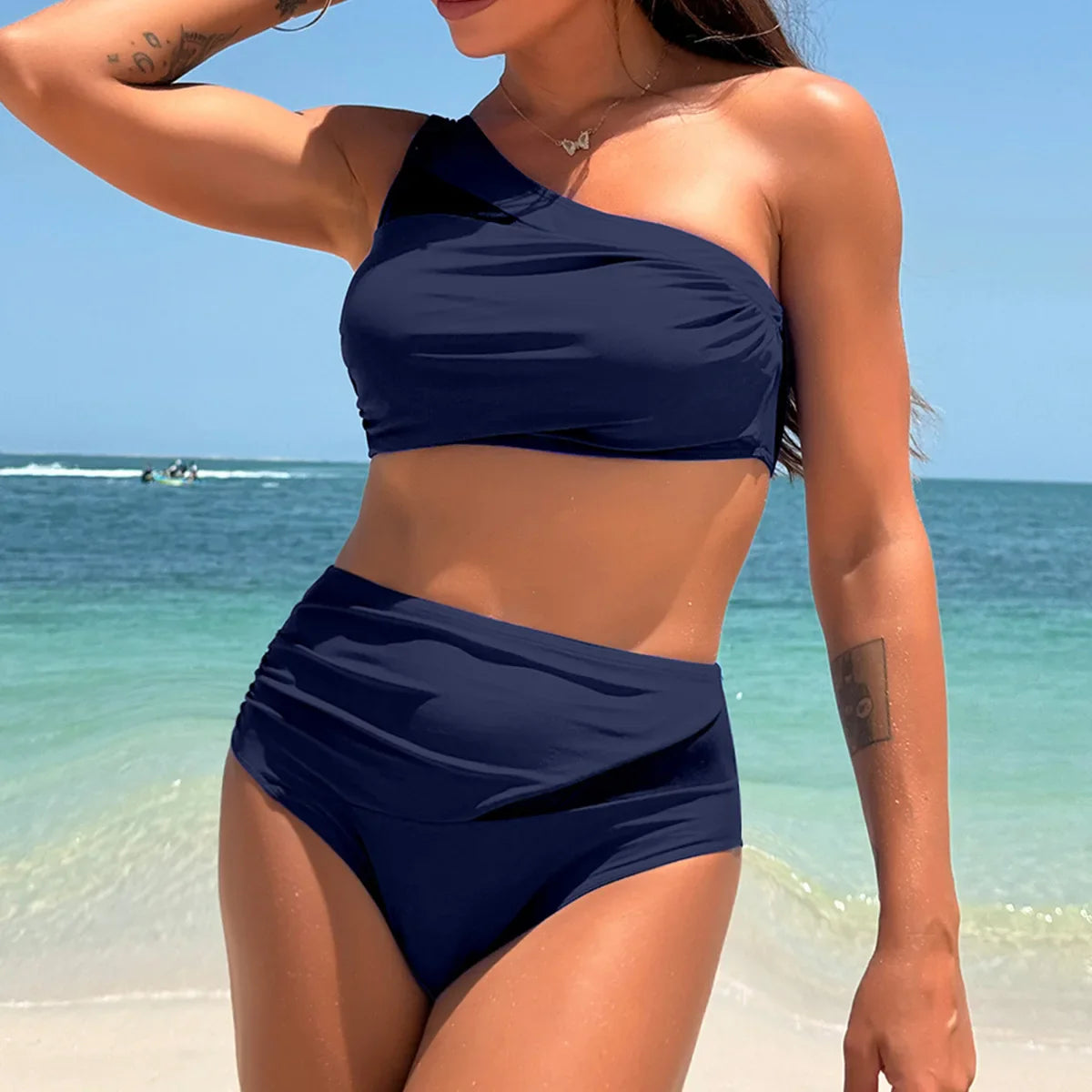 One Shoulder Swimsuit Solid Coffee Black Mesh Patchwork Pleate High Waist Bikinis Beach Bathing Suit Swimwear