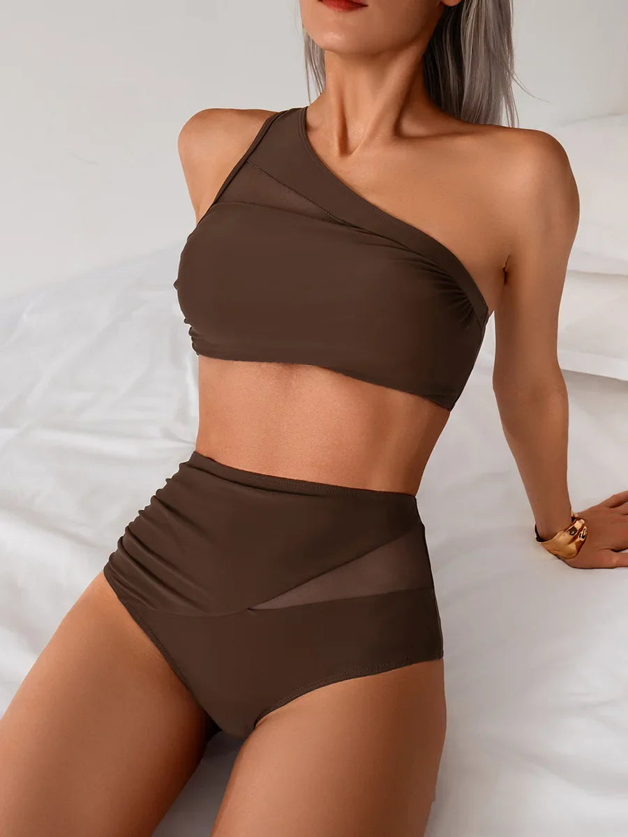 One Shoulder Swimsuit Solid Coffee Black Mesh Patchwork Pleate High Waist Bikinis Beach Bathing Suit Swimwear