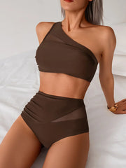 One Shoulder Swimsuit Solid Coffee Black Mesh Patchwork Pleate High Waist Bikinis Beach Bathing Suit Swimwear