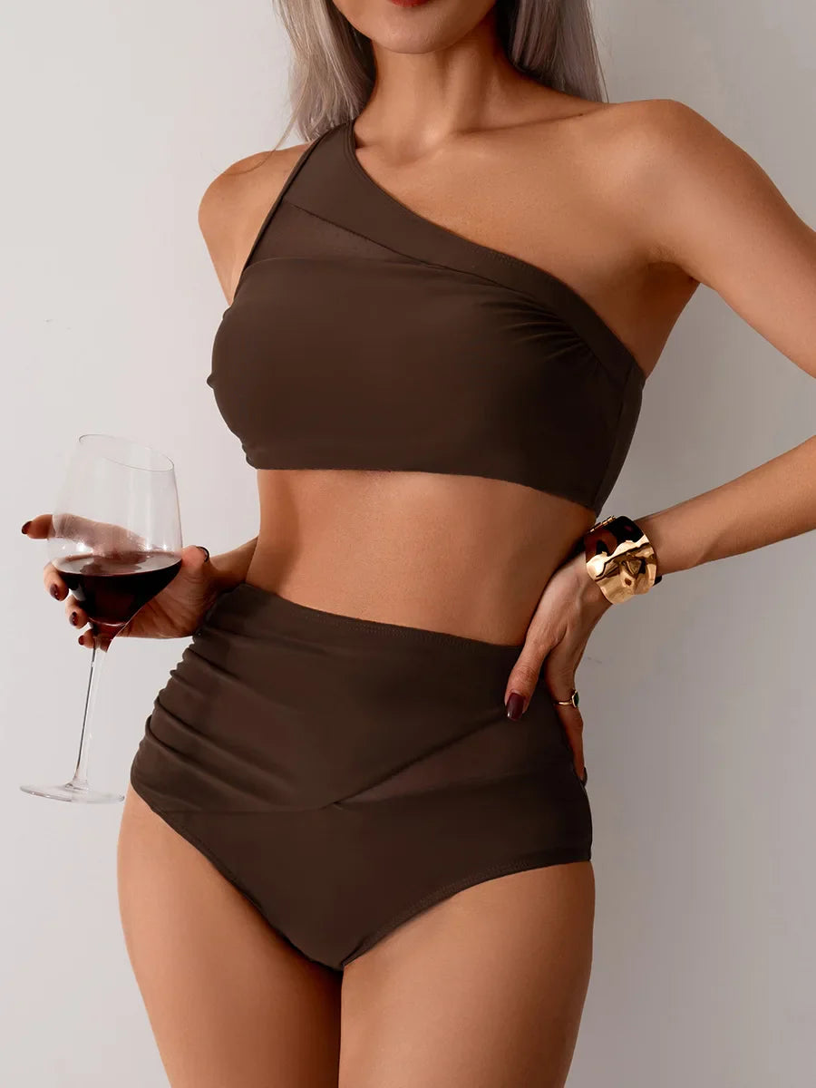One Shoulder Swimsuit Solid Coffee Black Mesh Patchwork Pleate High Waist Bikinis Beach Bathing Suit Swimwear