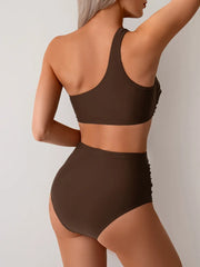 One Shoulder Swimsuit Solid Coffee Black Mesh Patchwork Pleate High Waist Bikinis Beach Bathing Suit Swimwear