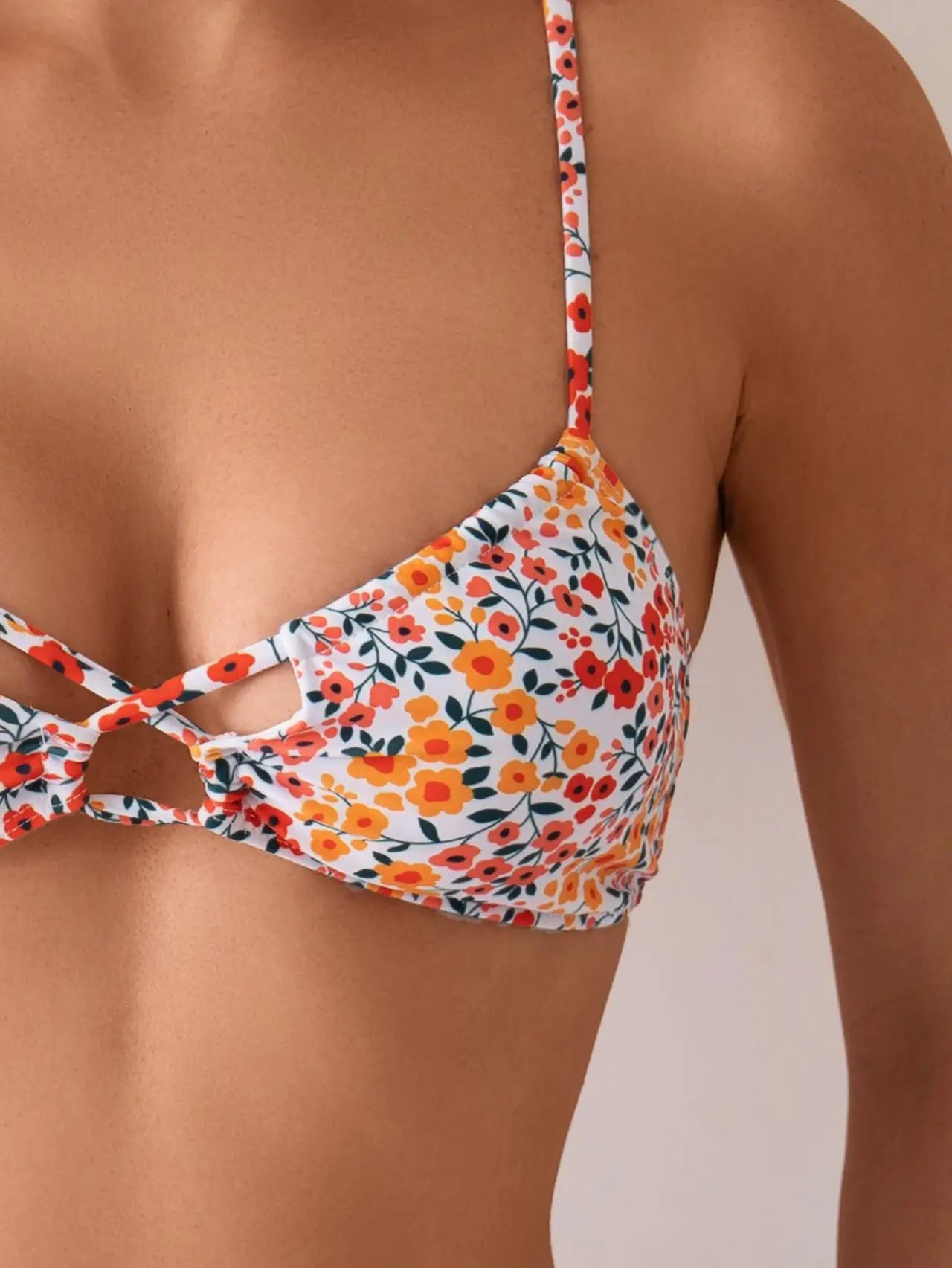 Oraneg Floral Print Micro Bikini Halter Hole Out Push Up Bra Tie Side Thong Swimwear Beach Bathing Suit Swimsuit