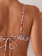 Oraneg Floral Print Micro Bikini Halter Hole Out Push Up Bra Tie Side Thong Swimwear Beach Bathing Suit Swimsuit
