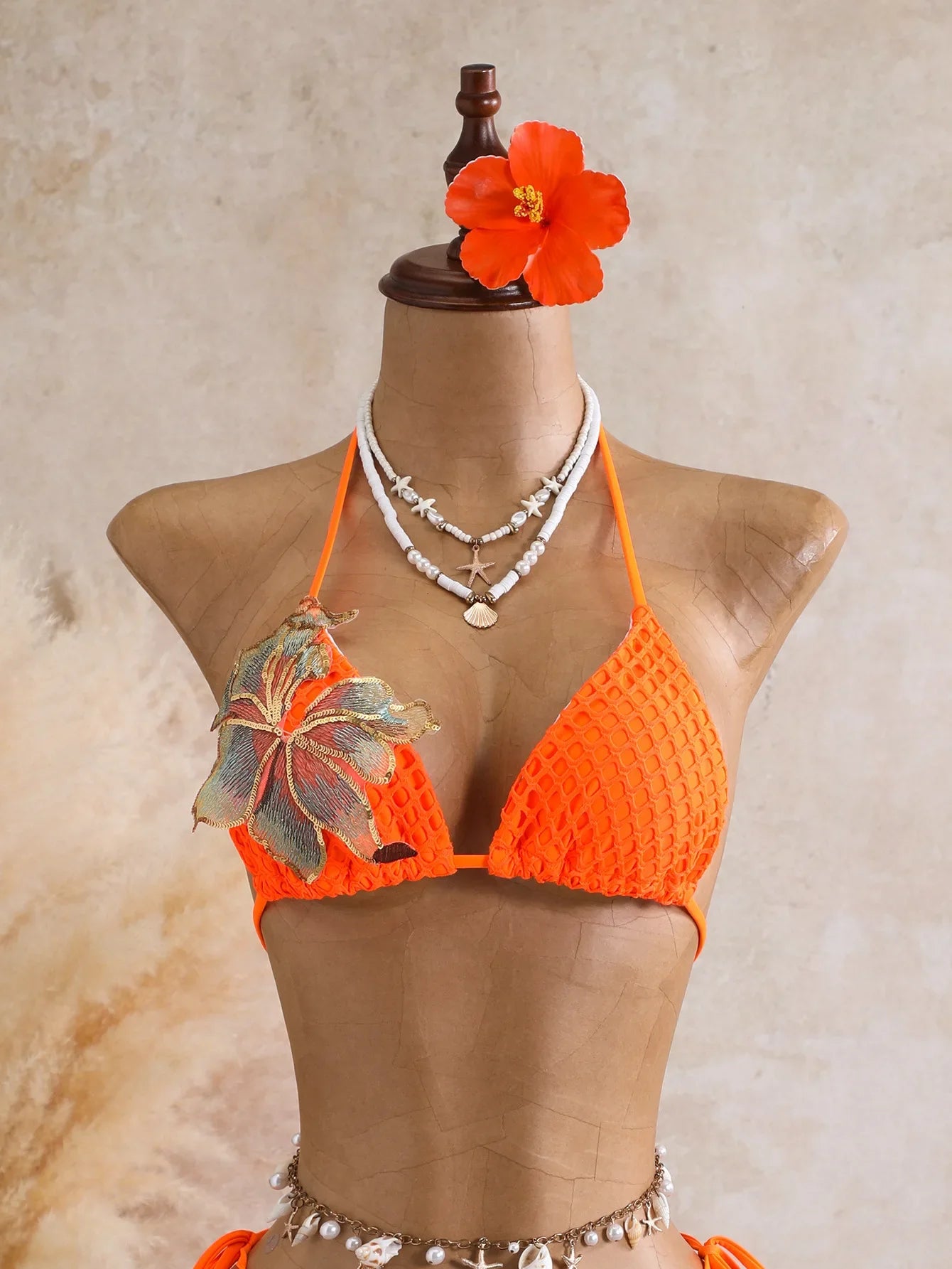 Orange 3D Flower Bikini Set