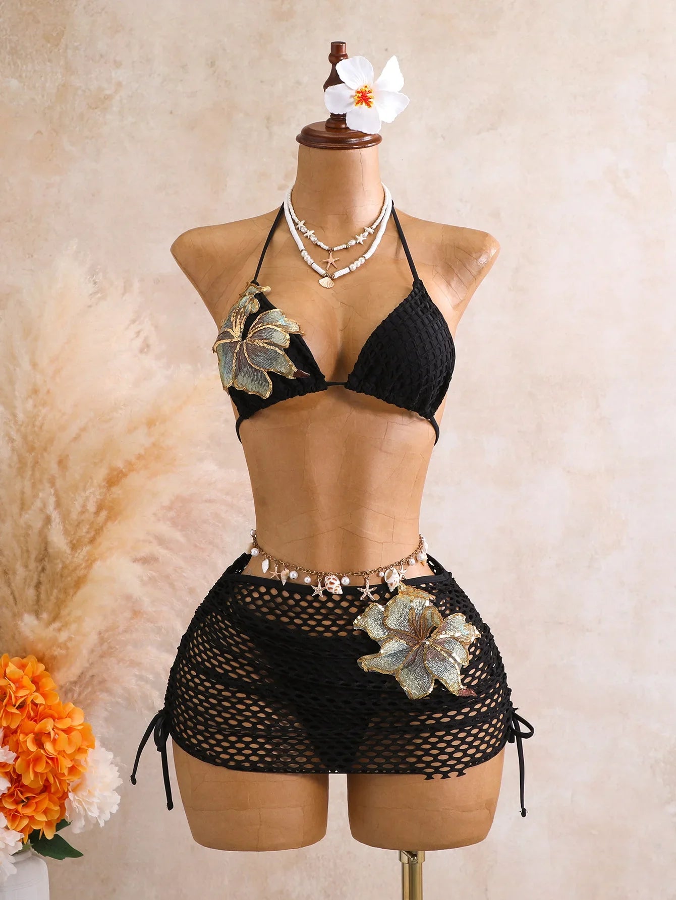 Orange 3D Flower Bikini Set