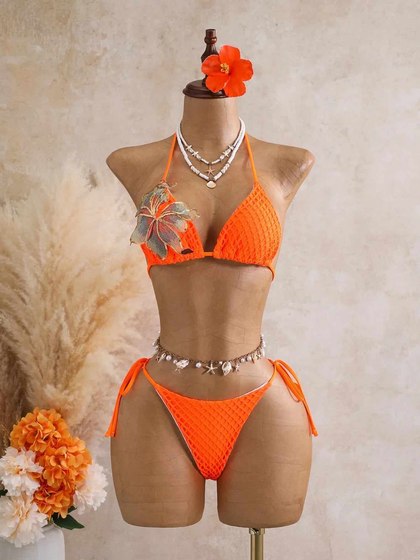 Orange 3D Flower Bikini Set