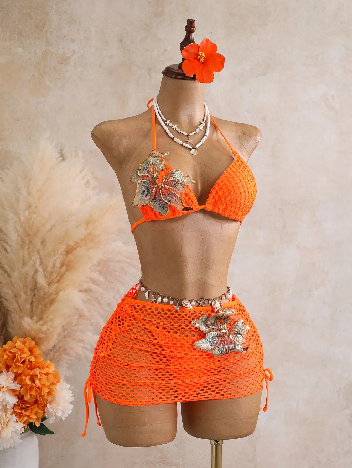 Orange 3D Flower Bikini Set