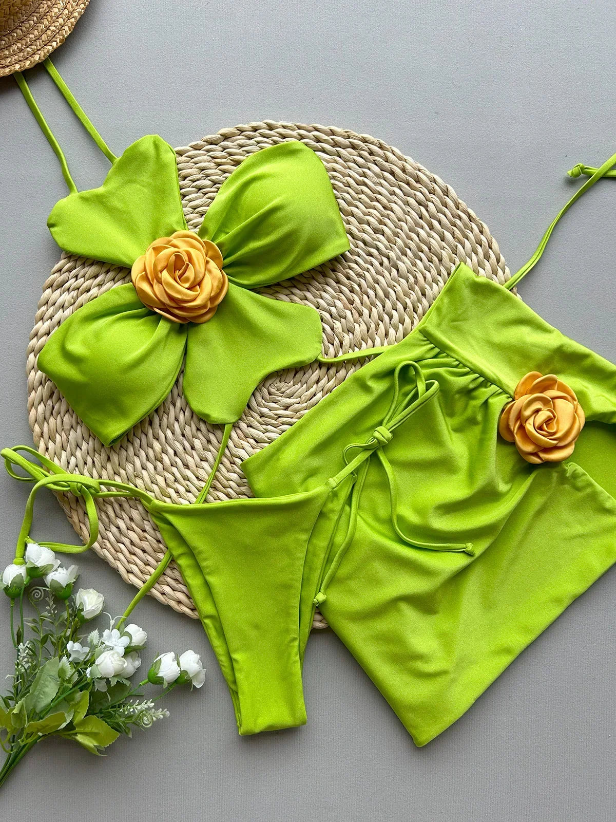 Orange 3D Flower Bikinis Sets