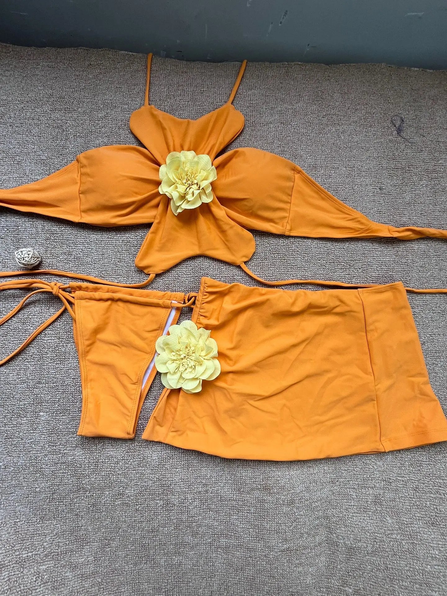 Orange 3D Flower Bikinis Sets