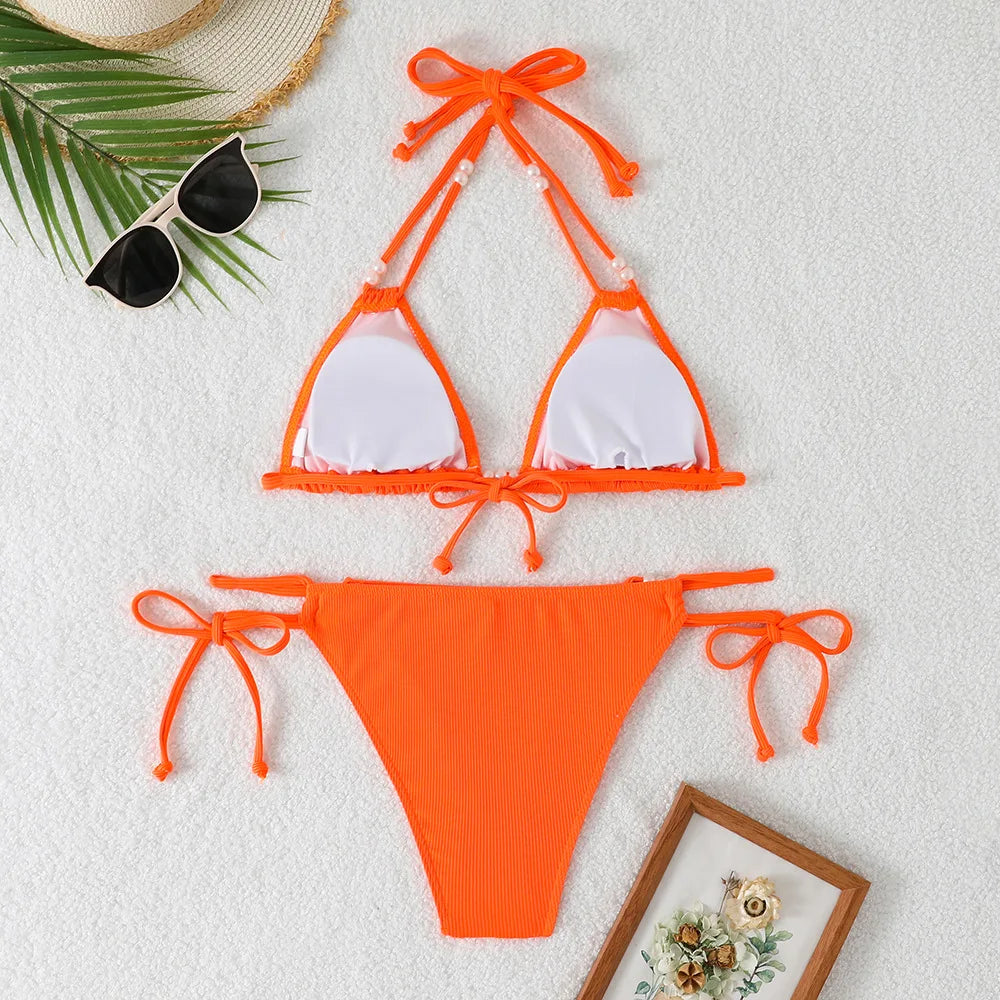 Orange Bikini Pearls Strap Push Up Drawstring Side Thong Swimsuit Lace Up Beach Bathing Suit Swimwear