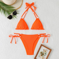 Orange Bikini Pearls Strap Push Up Drawstring Side Thong Swimsuit Lace Up Beach Bathing Suit Swimwear