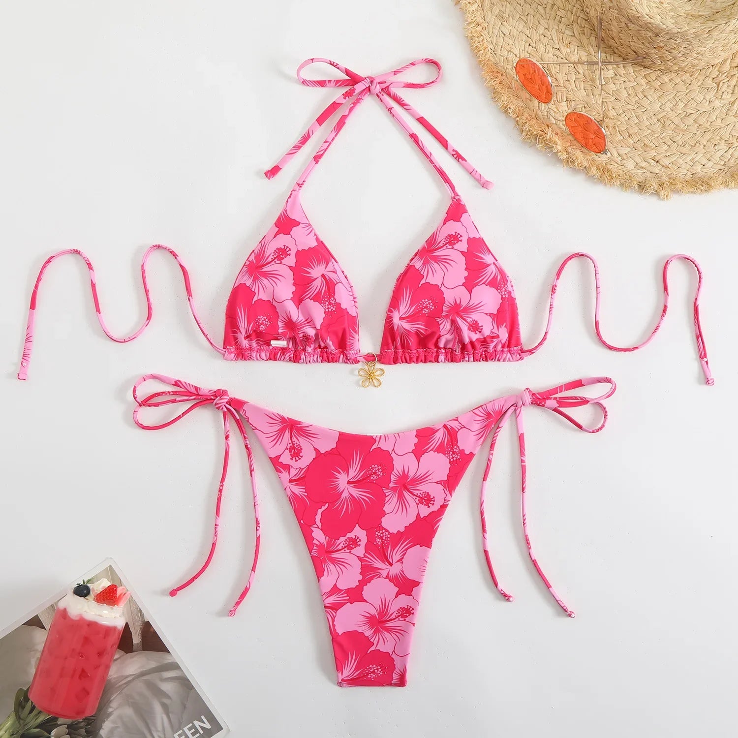 Orange Floral Print Micro Bikini Double Side Push Up Thong Swimsuit Brazilian Beach Bathing Suit Pool Swimwear