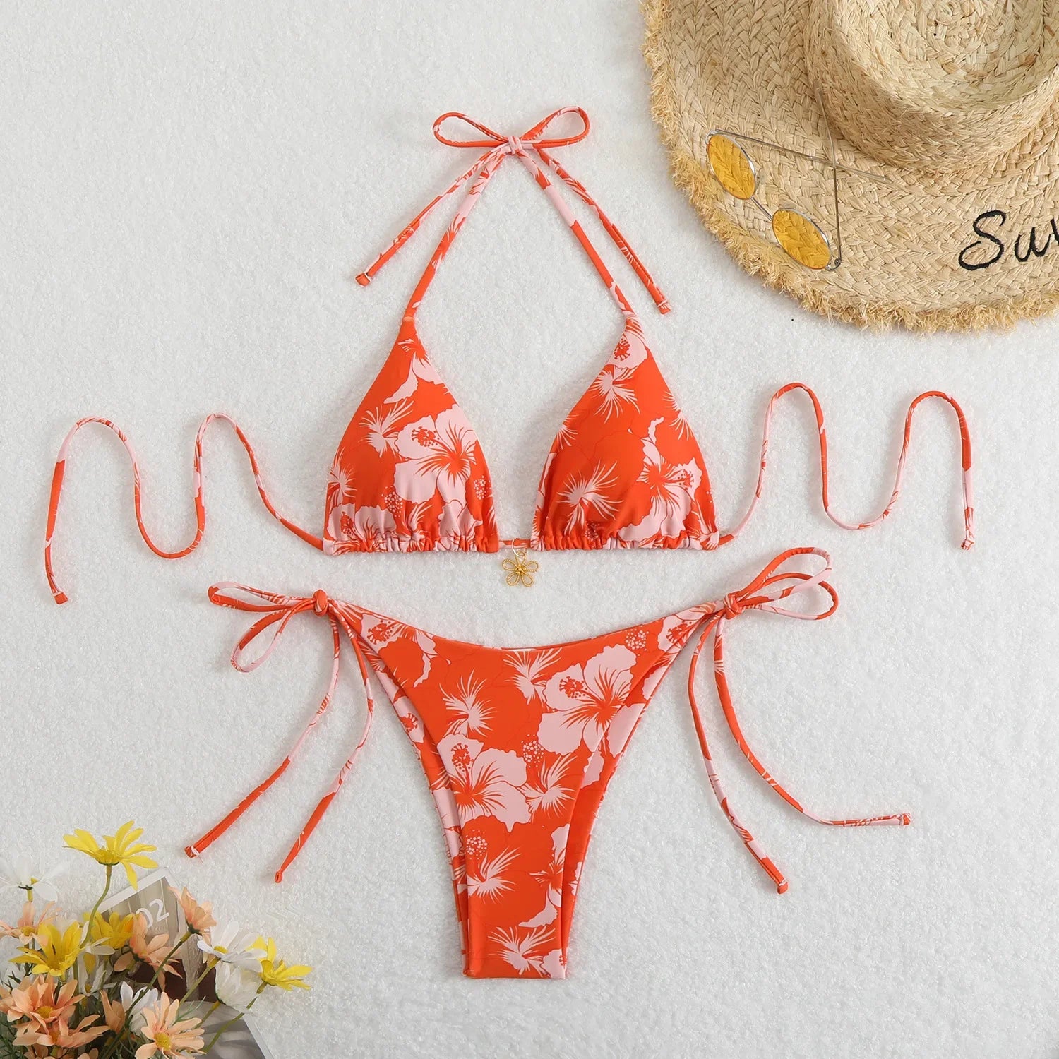 Orange Floral Print Micro Bikini Double Side Push Up Thong Swimsuit Brazilian Beach Bathing Suit Pool Swimwear