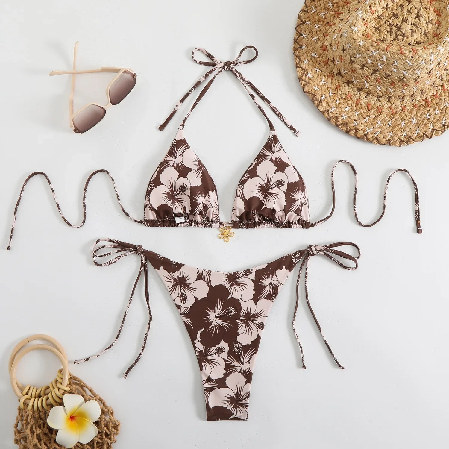 Orange Floral Print Micro Bikini Double Side Push Up Thong Swimsuit Brazilian Beach Bathing Suit Pool Swimwear
