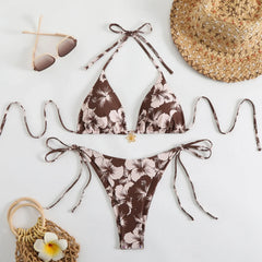 Orange Floral Print Micro Bikini Double Side Push Up Thong Swimsuit Brazilian Beach Bathing Suit Pool Swimwear