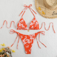 Orange Floral Print Micro Bikini Double Side Push Up Thong Swimsuit Brazilian Beach Bathing Suit Pool Swimwear