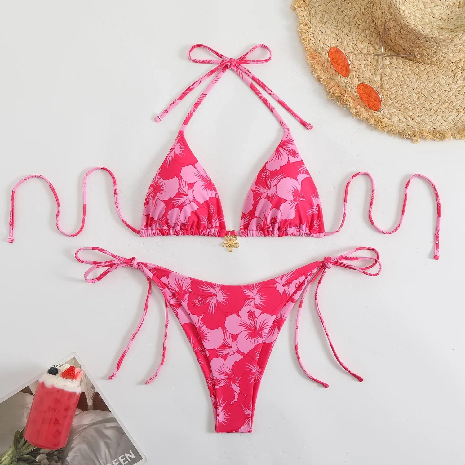 Orange Floral Print Micro Bikini Double Side Push Up Thong Swimsuit Brazilian Beach Bathing Suit Pool Swimwear