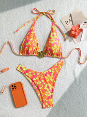 Orange Floral Print Micro Bikini Metal 3D Flower Push Up Bra Thong Swimsuit Beach Bathing Suit Vacation Swimwear