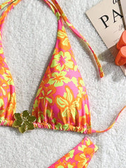 Orange Floral Print Micro Bikini Metal 3D Flower Push Up Bra Thong Swimsuit Beach Bathing Suit Vacation Swimwear