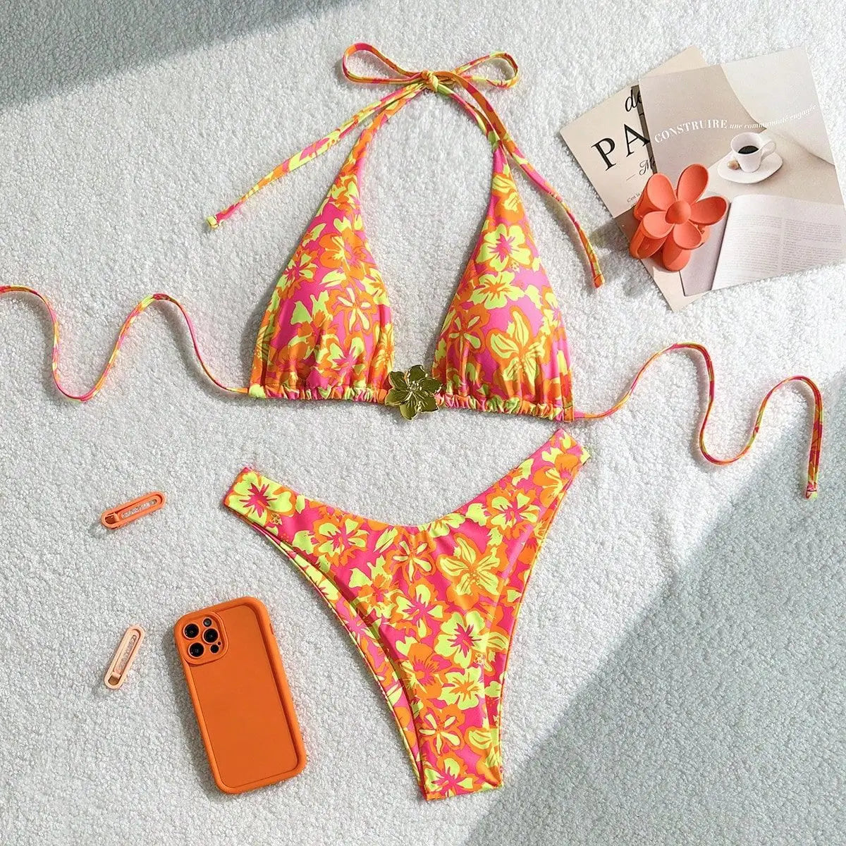 Orange Floral Print Micro Bikini Metal 3D Flower Push Up Bra Thong Swimsuit Beach Bathing Suit Vacation Swimwear