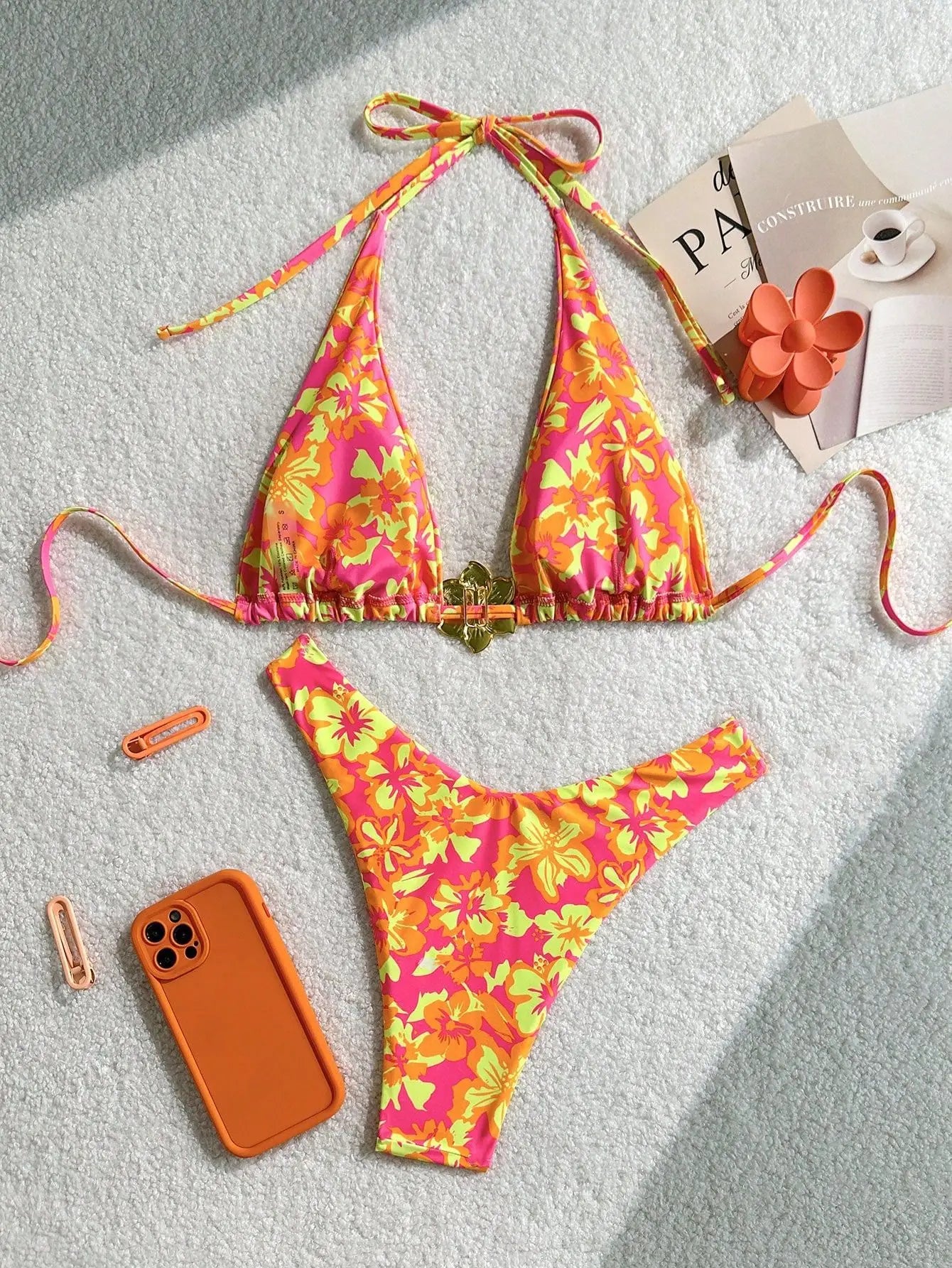 Orange Floral Print Micro Bikini Metal 3D Flower Push Up Bra Thong Swimsuit Beach Bathing Suit Vacation Swimwear