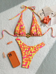 Orange Floral Print Micro Bikini Metal 3D Flower Push Up Bra Thong Swimsuit Beach Bathing Suit Vacation Swimwear