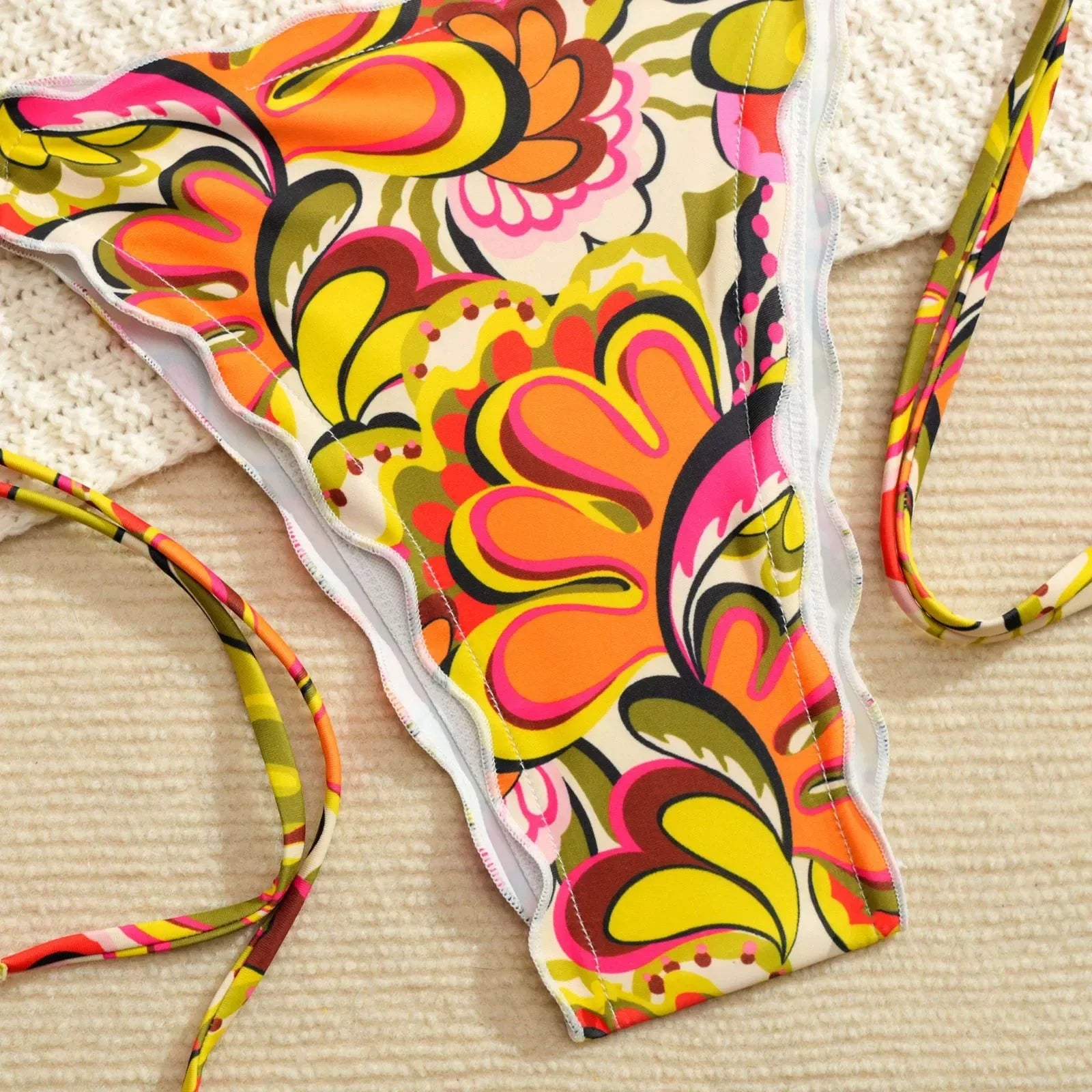 Orange Floral Print Micro Bikini Ruffles Push Up Bra Tie Side Thong Swimsuit Beach Bathing Suit