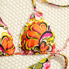 Orange Floral Print Micro Bikini Ruffles Push Up Bra Tie Side Thong Swimsuit Beach Bathing Suit