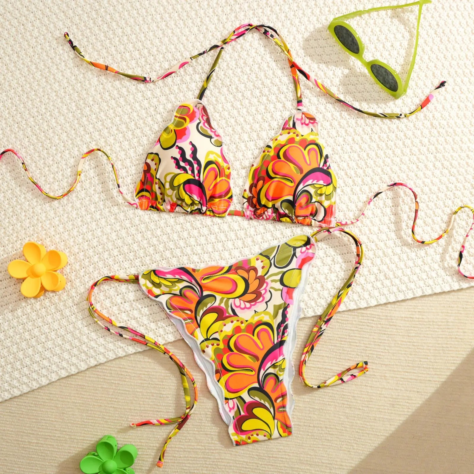 Orange Floral Print Micro Bikini Ruffles Push Up Bra Tie Side Thong Swimsuit Beach Bathing Suit